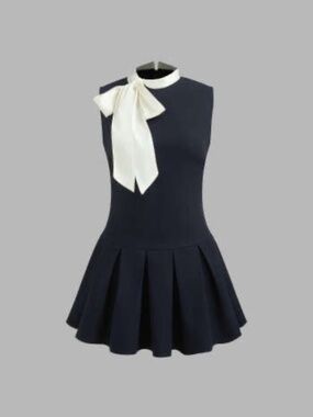 Cider Black Drop Waist Stand Collar Solid Bowknot Pleated Mini Dress Size L/8